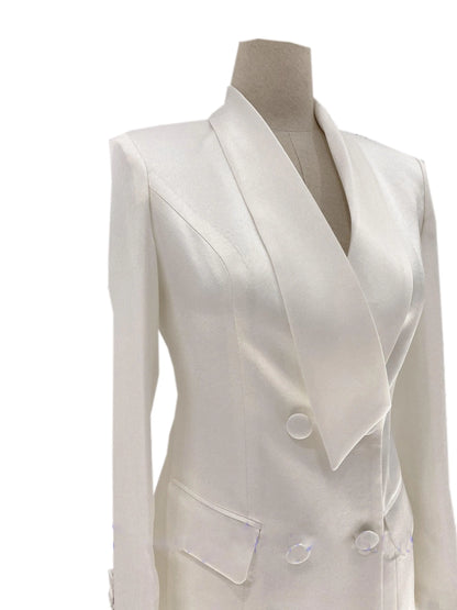 White satin double-breasted pantsuit jacket for women on mannequin