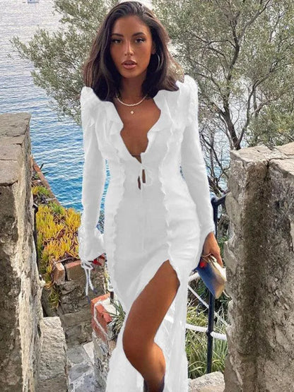 See-Through Lace V-Neck Slit Dress -Guocali