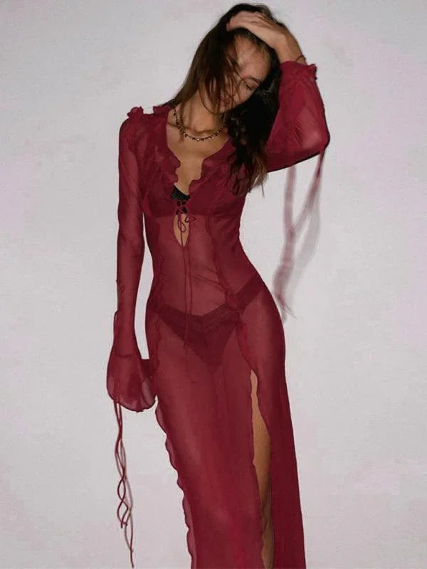 See-Through Lace V-Neck Slit Dress -Guocali