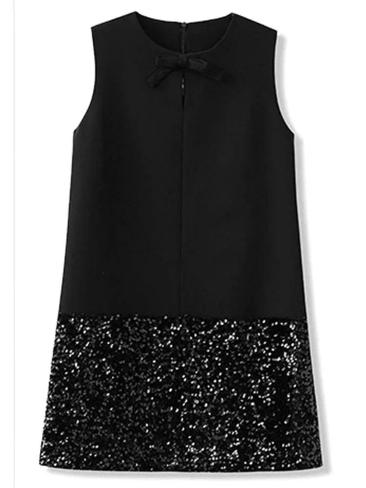 Sequin Bow Sleeveless A-Line Party Dress -Guocali
