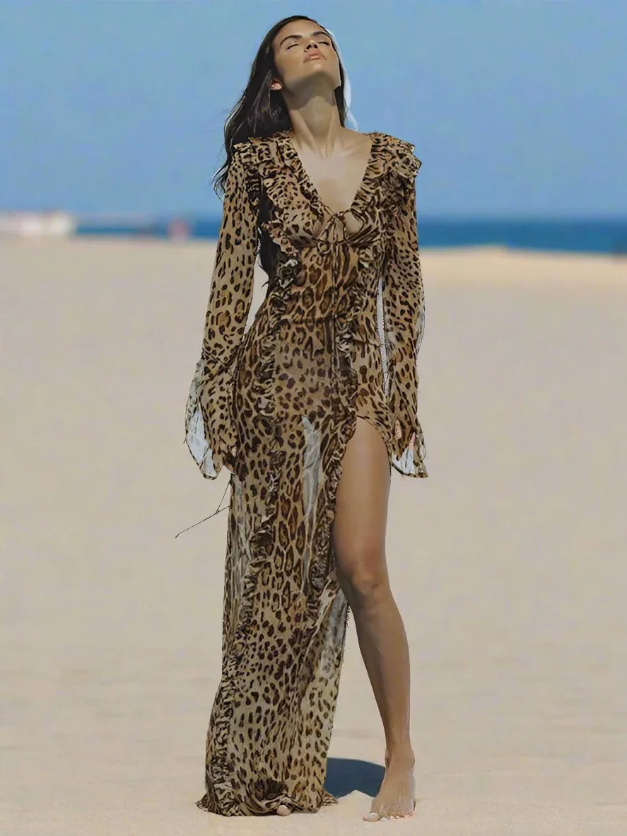 Sexy Leopard Print Ruffled Long Dress -Guocali