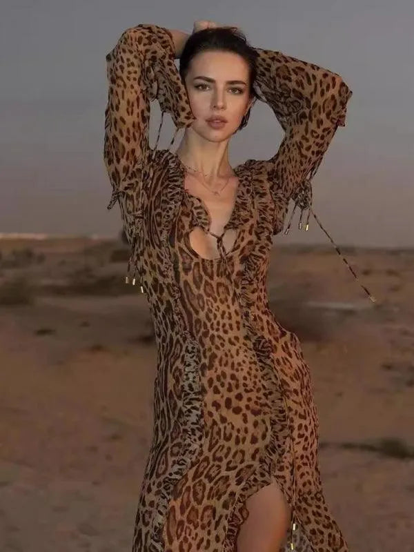 Sexy Leopard Print Ruffled Long Dress -Guocali