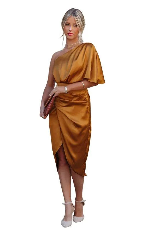 Sexy One Sleeve Irregular Pleated Party Dress -Guocali