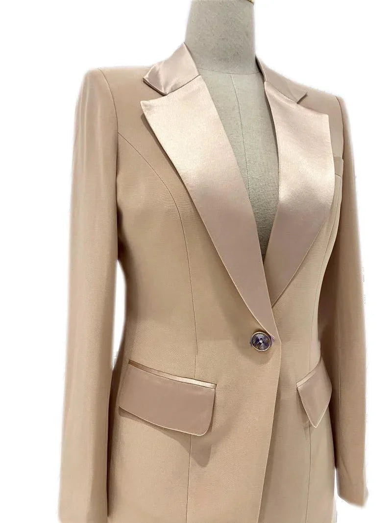 Beige silk satin women's wedding pantsuit blazer with satin lapel and pockets on mannequin