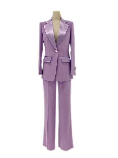 Lilac silk satin women's wedding pantsuit with blazer and wide-leg trousers on mannequin