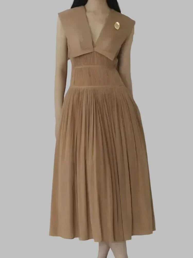 Sleeveless V-Neck Pleated Waistband Dress -Guocali
