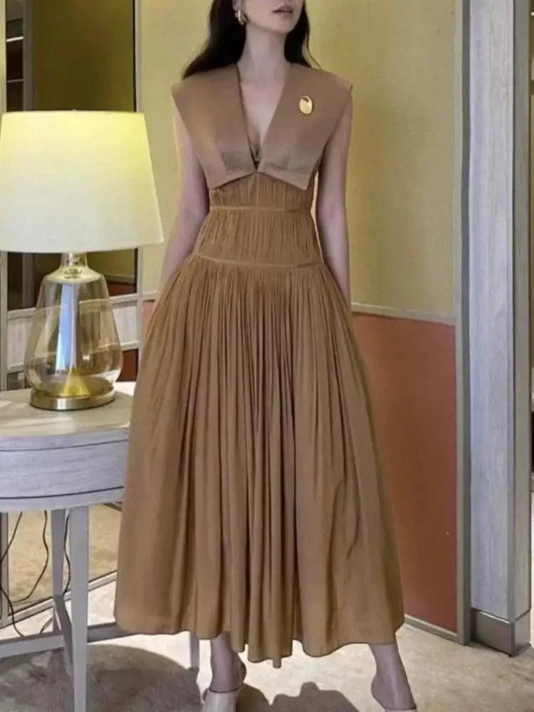 Sleeveless V-Neck Pleated Waistband Dress -Guocali