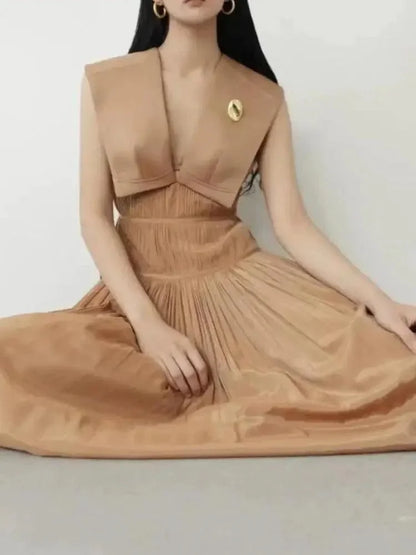 Sleeveless V-Neck Pleated Waistband Dress -Guocali
