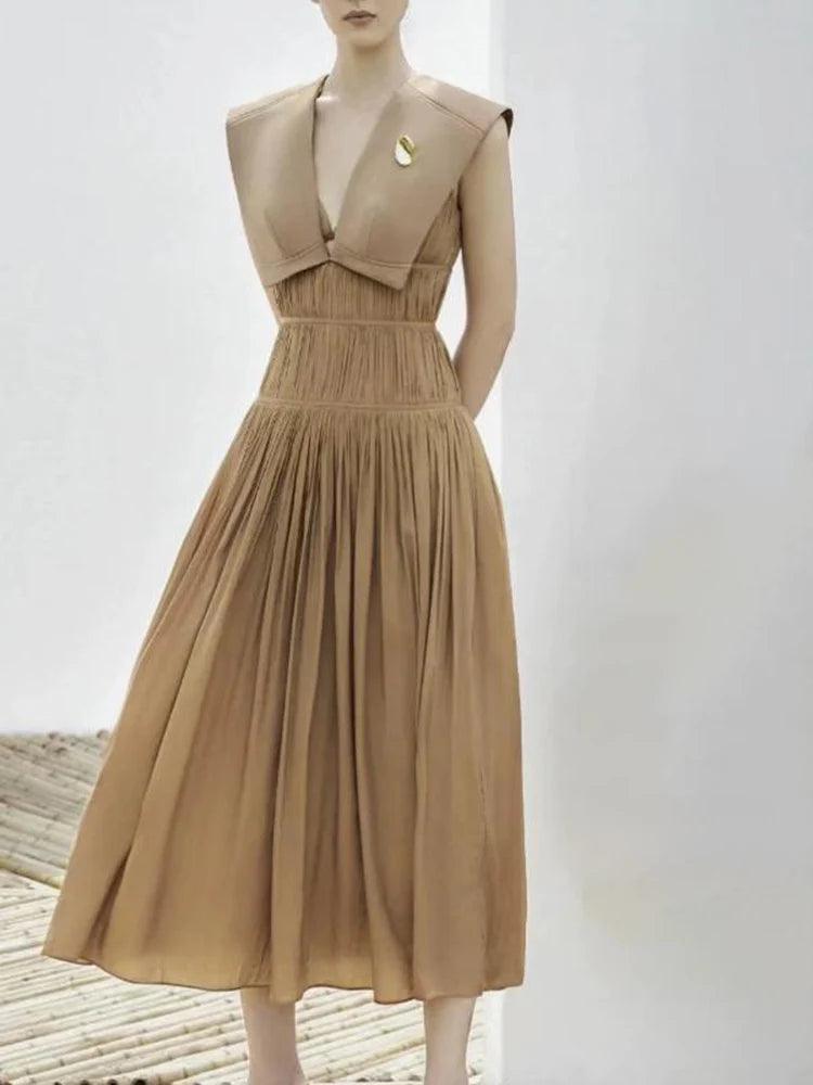 Sleeveless V-Neck Pleated Waistband Dress - Sleeveless Dress - Guocali