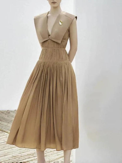 Sleeveless V-Neck Pleated Waistband Dress - Sleeveless Dress - Guocali