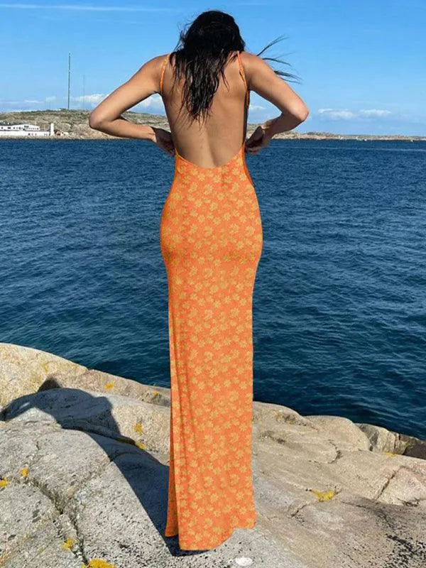 Slim Fit Backless Floral Dress -Guocali