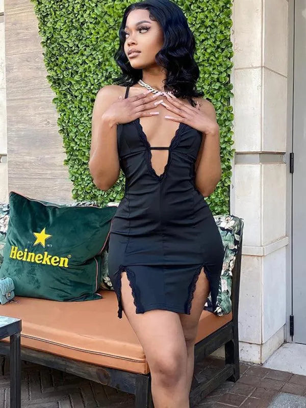 Sling Hollow Lace Splicing Hip Dress -Guocali