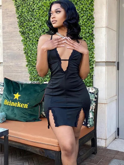 Sling Hollow Lace Splicing Hip Dress -Guocali