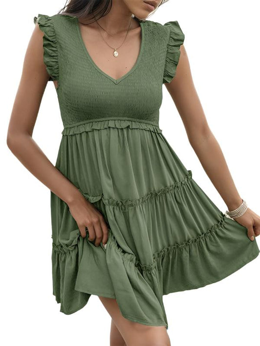 Solid V-Neck Ruffle Dress - Ruffle Dress - Guocali