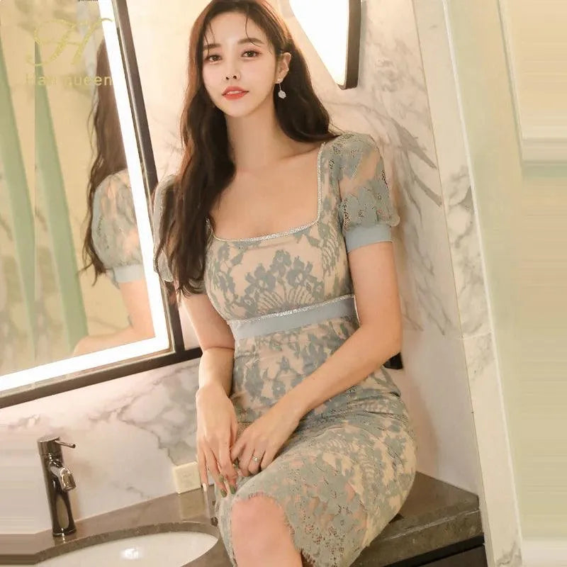 Square Neck Diamond Lace Party Dress -Guocali