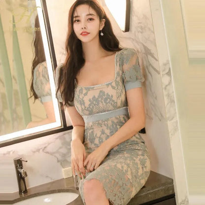 Square Neck Diamond Lace Party Dress -Guocali