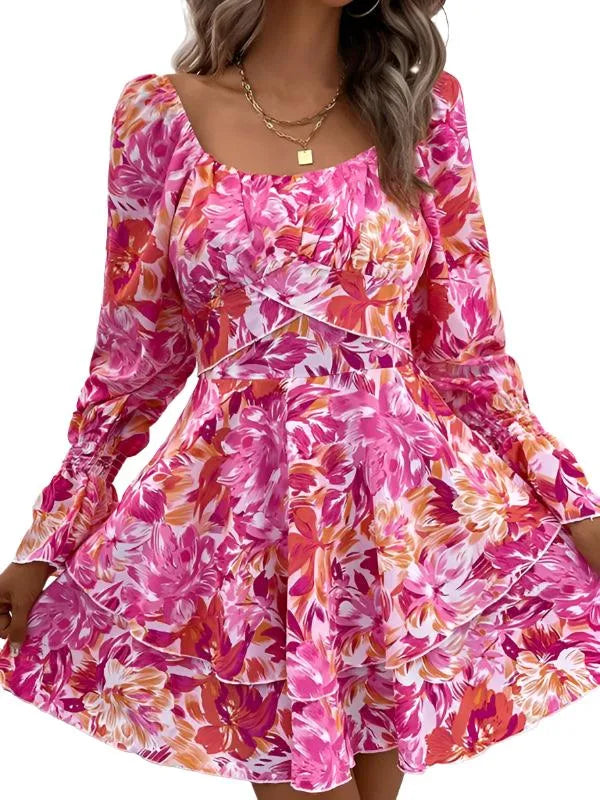 Square Neck Floral Ruffle Short Dress -Guocali