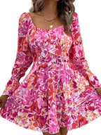 Square Neck Floral Ruffle Short Dress -Guocali