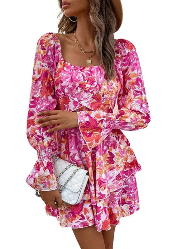 Square Neck Floral Ruffle Short Dress -Guocali