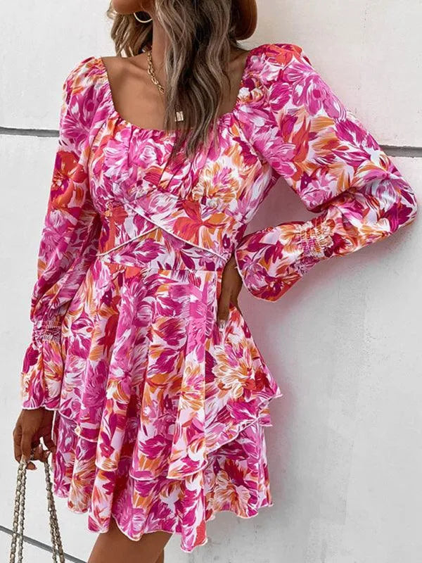 Square Neck Floral Ruffle Short Dress -Guocali