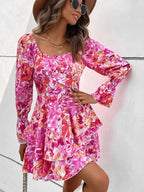 Square Neck Floral Ruffle Short Dress -Guocali