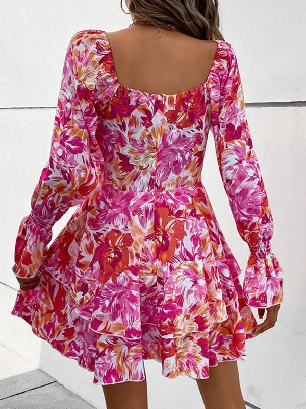 Square Neck Floral Ruffle Short Dress -Guocali