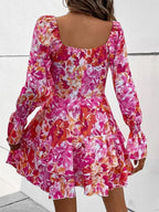 Square Neck Floral Ruffle Short Dress -Guocali