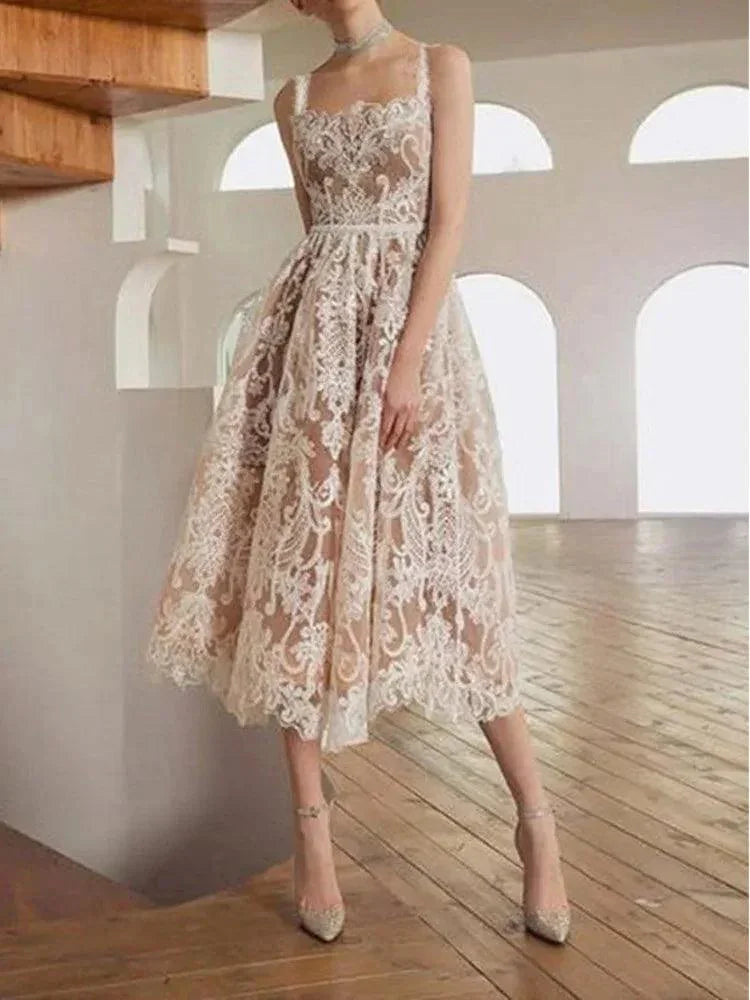 Square Neck Lace Embroidery Camisole Dress -Guocali