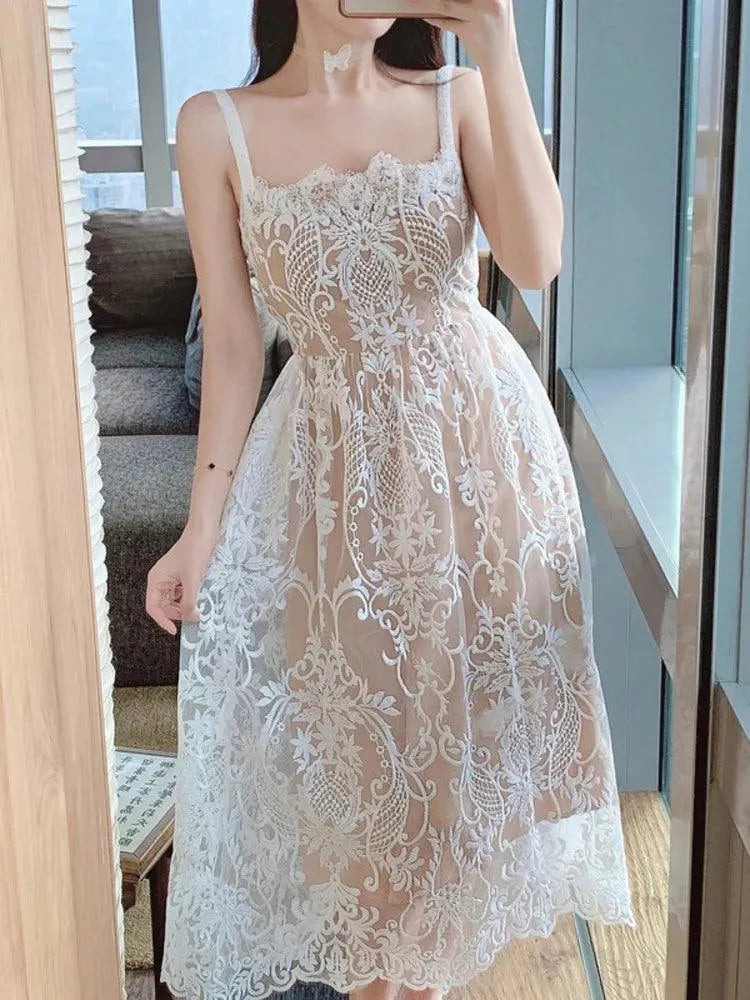 Square Neck Lace Embroidery Camisole Dress -Guocali