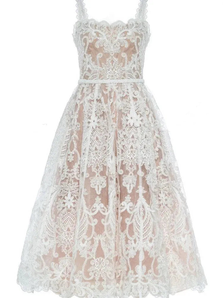 Square Neck Lace Embroidery Camisole Dress -Guocali