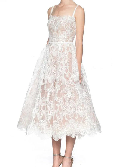 Square Neck Lace Embroidery Camisole Dress -Guocali