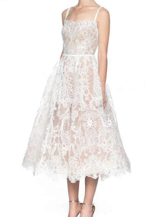 Square Neck Lace Embroidery Camisole Dress -Guocali