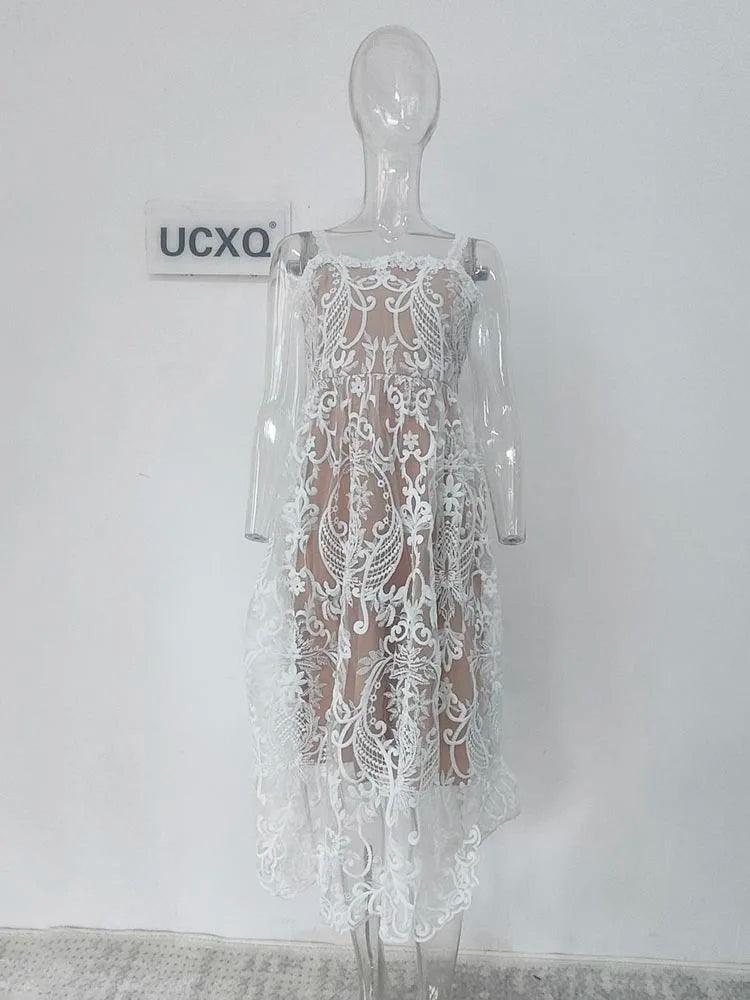 Square Neck Lace Embroidery Camisole Dress - Sleeveless Dress - Guocali