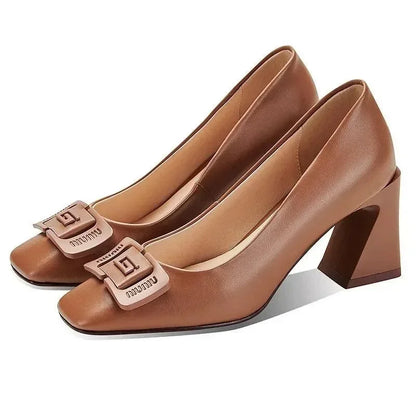 Square Toe High Heel Women Leather Pumps -Guocali