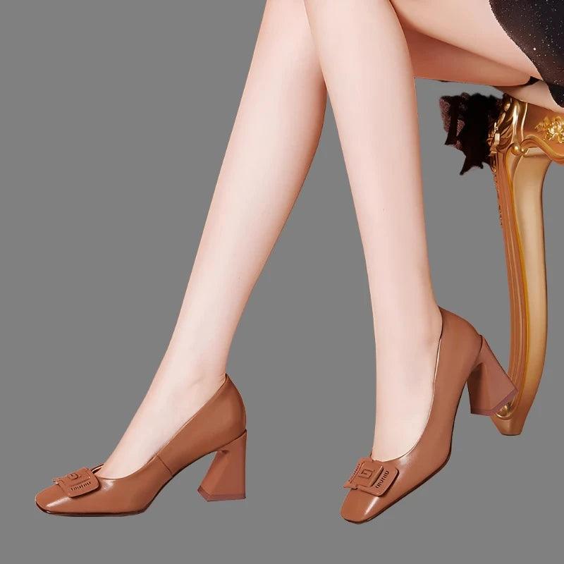 Square Toe High Heel Women Leather Pumps - Pumps Shoes - Guocali