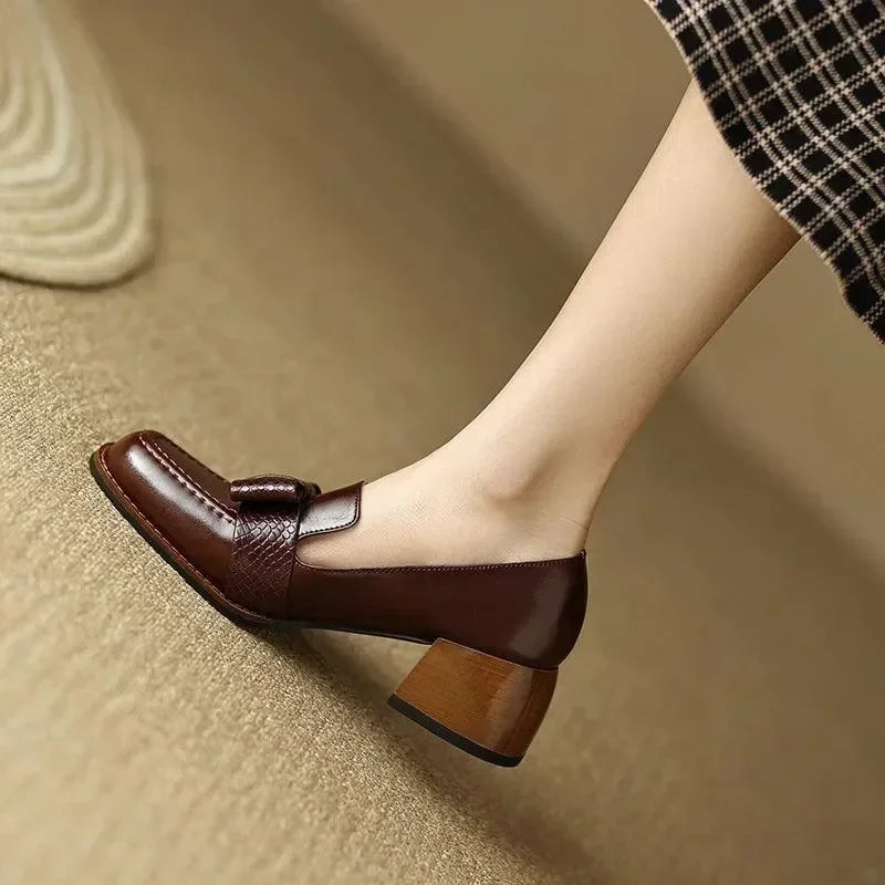 Square Toe Leather Pumps for Women -Guocali