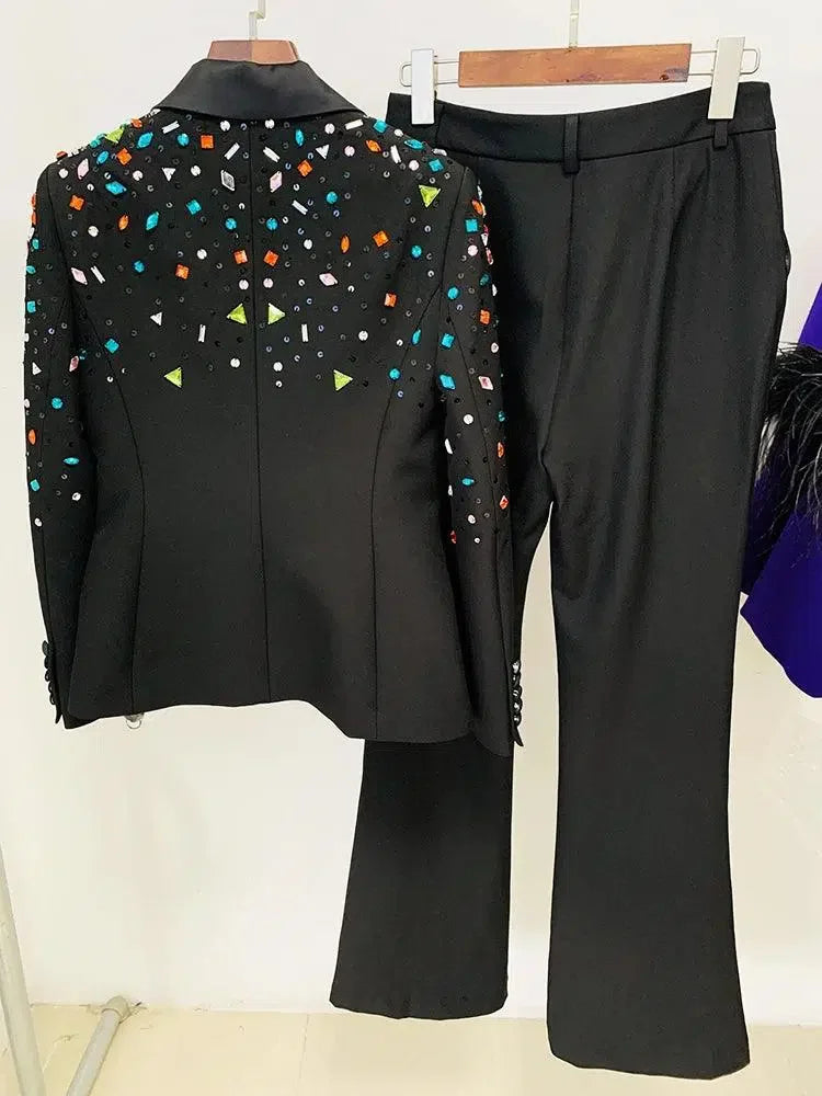 Strass Diamonds Beaded Blazer Pant Suit - Women Tuxedo Trouser Suit -Guocali