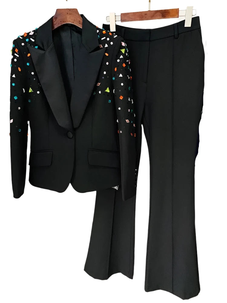 Strass Diamonds Beaded Blazer Pant Suit - Women Tuxedo Trouser Suit - Pantsuit - Guocali