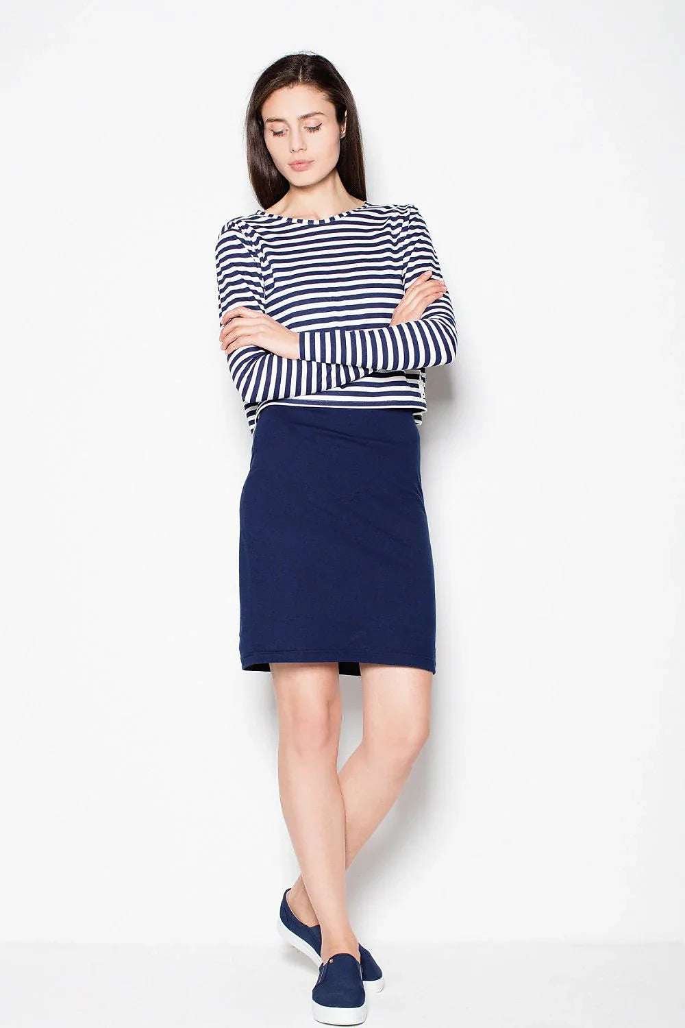 Striped Long Sleeve Dress Casual Navy Above Knee Fit-Day Dress-GUOCALI