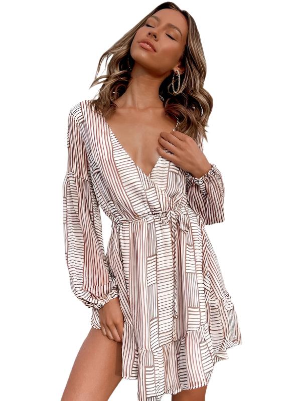 Striped V-Neck Waist Long-Sleeved Dress - Short Dress - Guocali