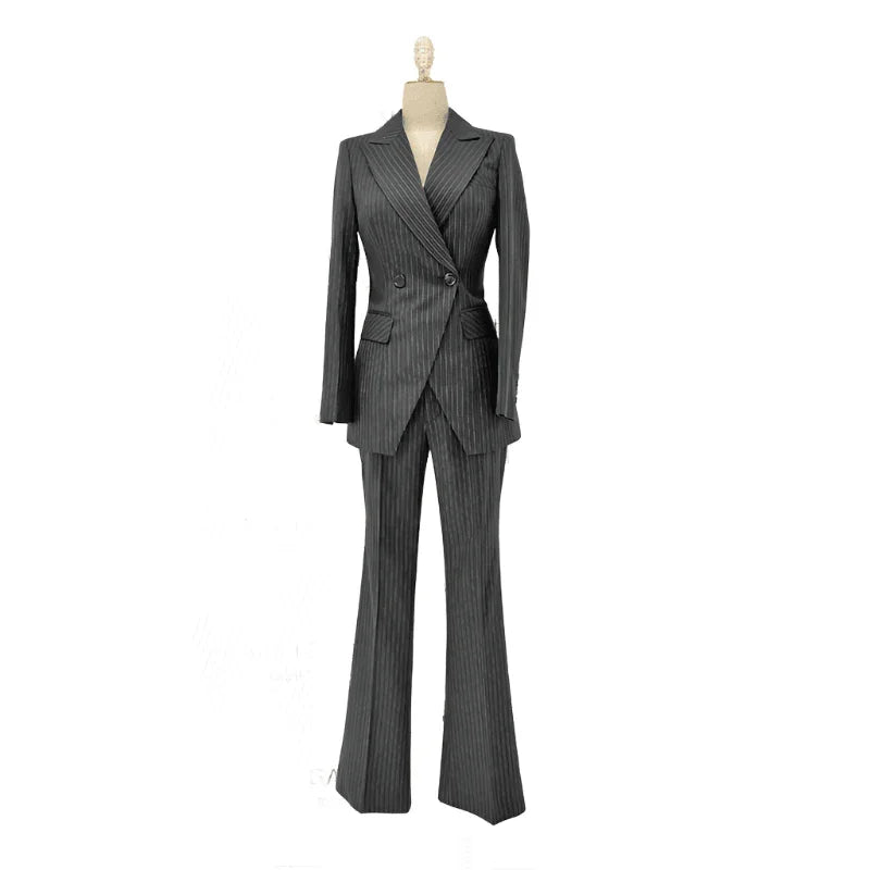 Striped Women Pant Suit - Grey Double Breasted Trouser Suit -Guocali