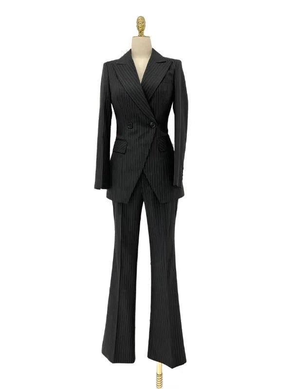 Striped Women Pant Suit - Grey Double Breasted Trouser Suit -Guocali