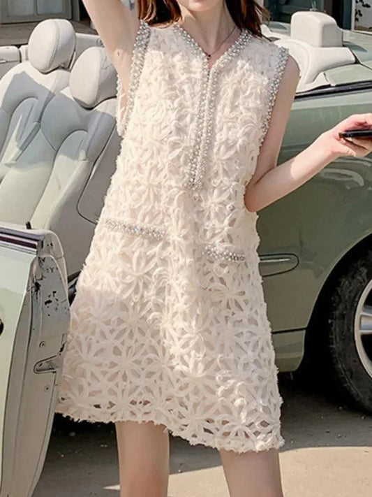 Studded Diamond V-Neck Lace Dress -Guocali