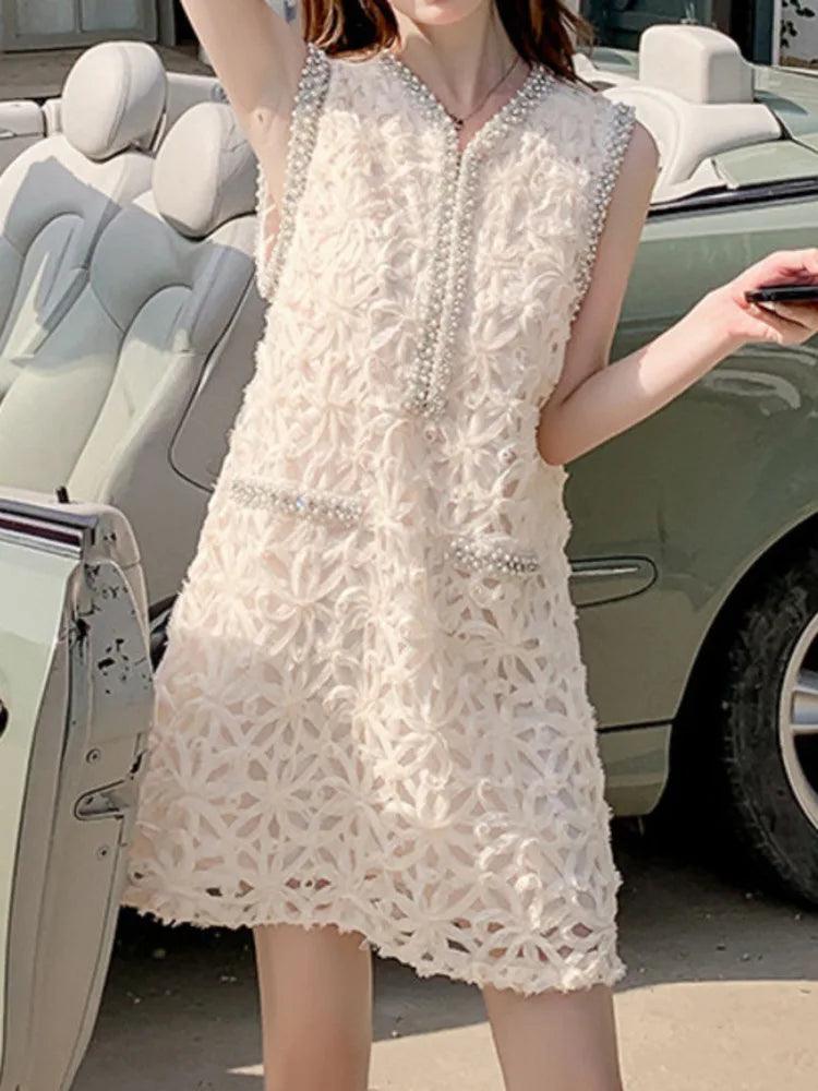 Studded Diamond V-Neck Lace Dress - Lace Dress - Guocali