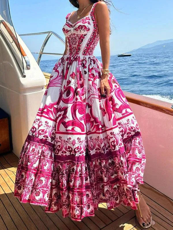 Stylish Printed Sleeveless Waist Swing Dress -Guocali