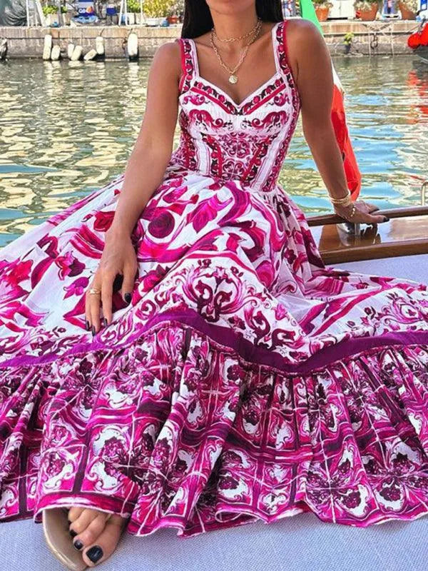 Stylish Printed Sleeveless Waist Swing Dress -Guocali