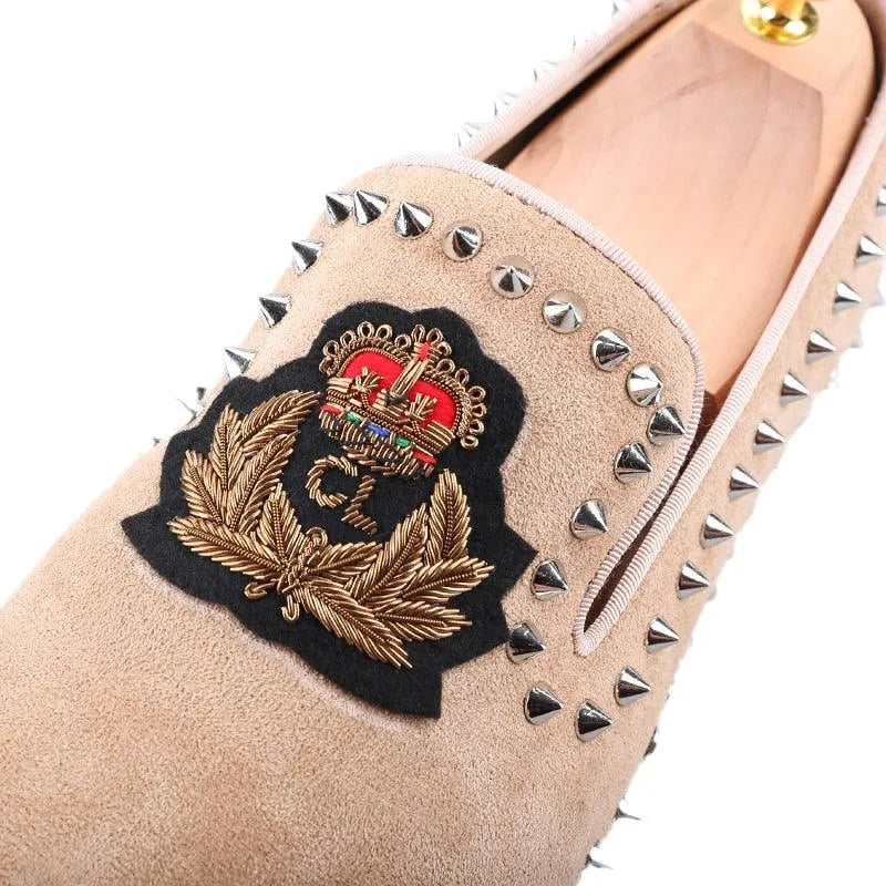 Suede Loafers With Spikes - Men Shoes -Guocali