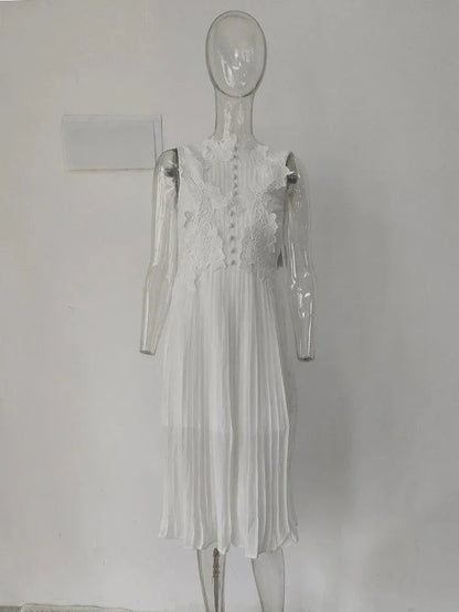 Sweet Long Pleated Lace Embroidery Dress -Guocali