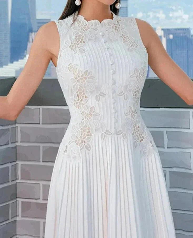 Sweet Long Pleated Lace Embroidery Dress -Guocali