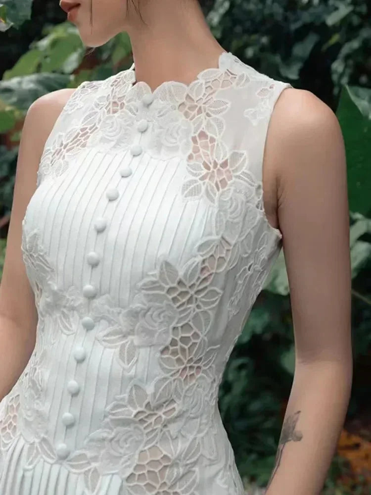 Sweet Long Pleated Lace Embroidery Dress -Guocali